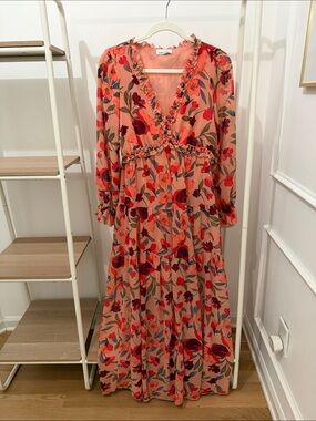 Floral Ruffle V-Neck Maxi Dress - Coral Pink